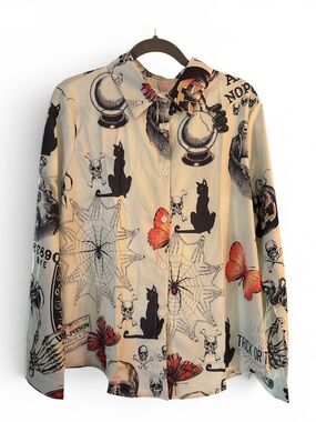 Halloween Graphic Button-Down Shirt, Black Cat, skulls, Fortune, Spooky Season